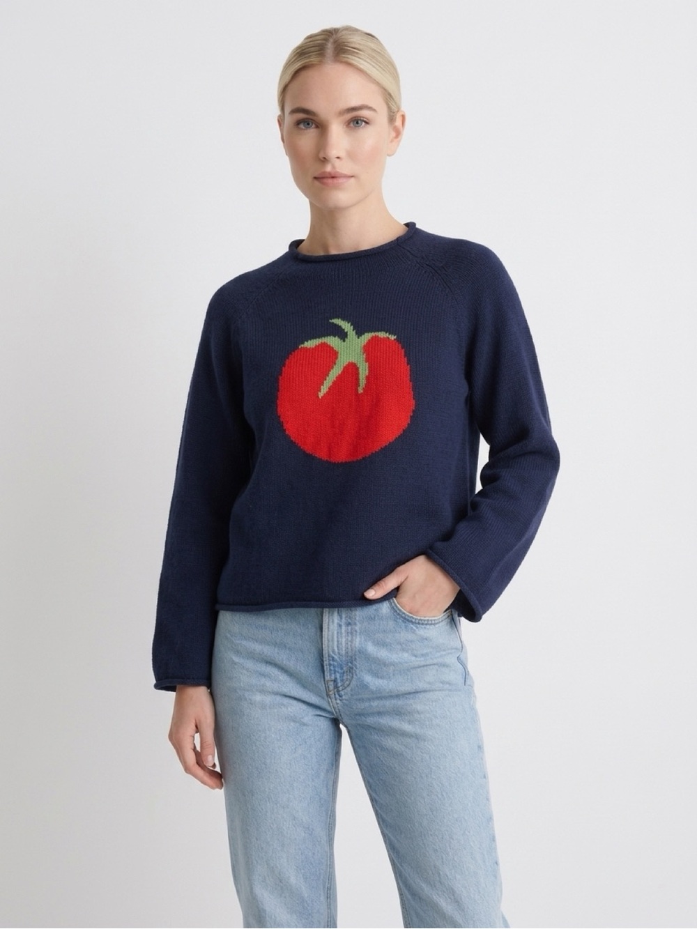 Women’s Roolee Navy Crewneck Pullover Sweater Red Tomato Graphic Size S